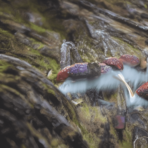 Photo close-up shiitake mushrooms in the forest there is morning dew light source shines from top to bottom mushroom umbrella has light-transmitting effect