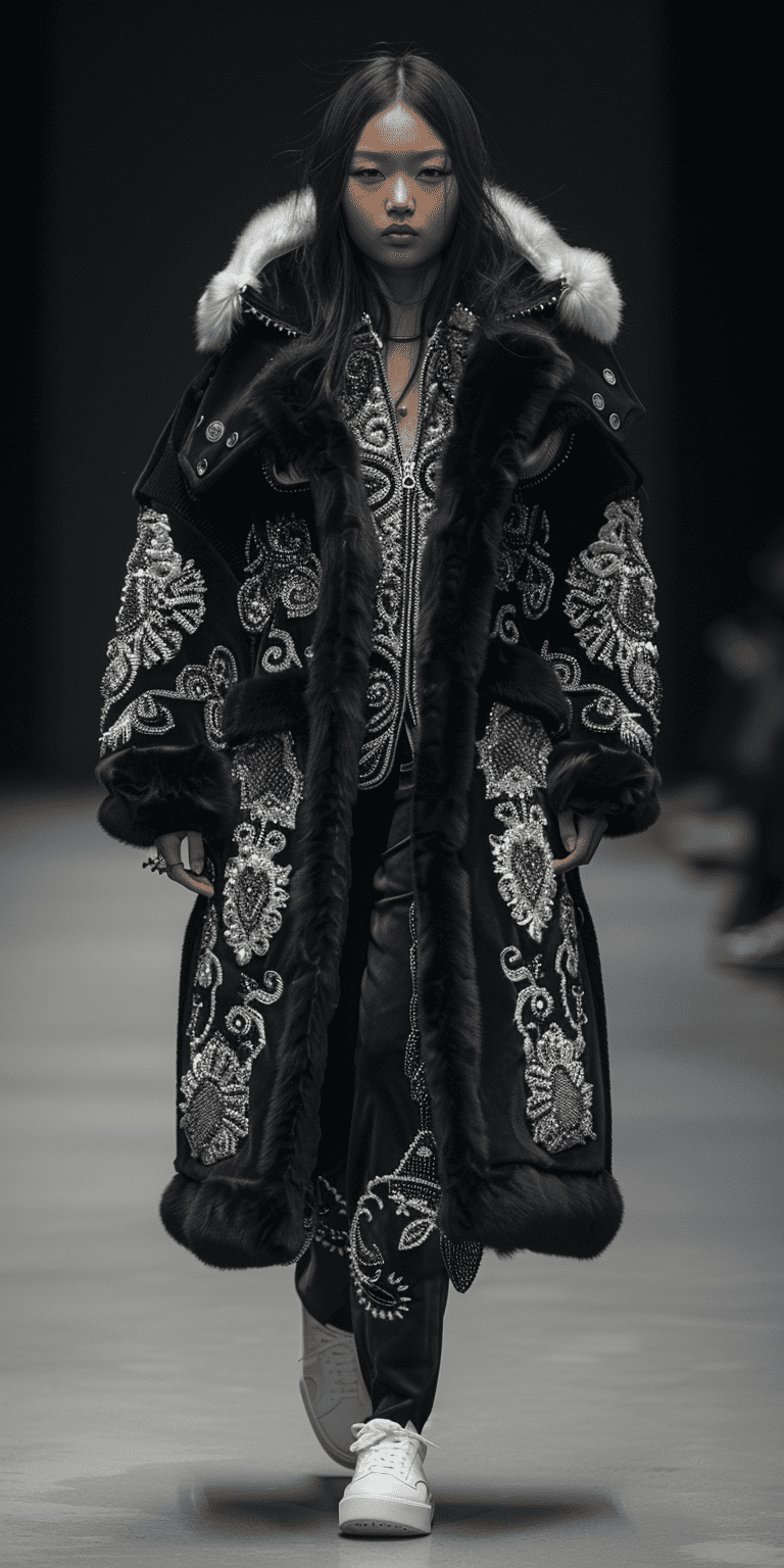 Vogue runway, full body portrait of an asian female, wearing a black winter coat with hood and large embroidery ornament, white sneakers. In the style of an asian female --ar 1:2 --stylize 750