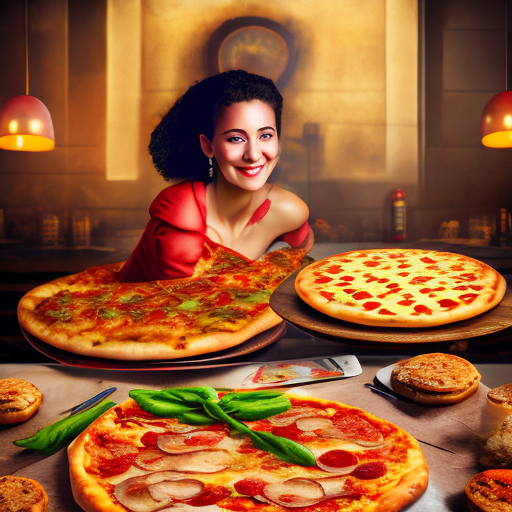 Cuisine, a smiling woman wears a dress made of pizza as she lays on a table, rich deep colors, intricate artwork, masterpiece, vibrant, ultra high quality model, improve eyes, cinematic, 4k, epic, sharp focus, 4k resolution blade runner