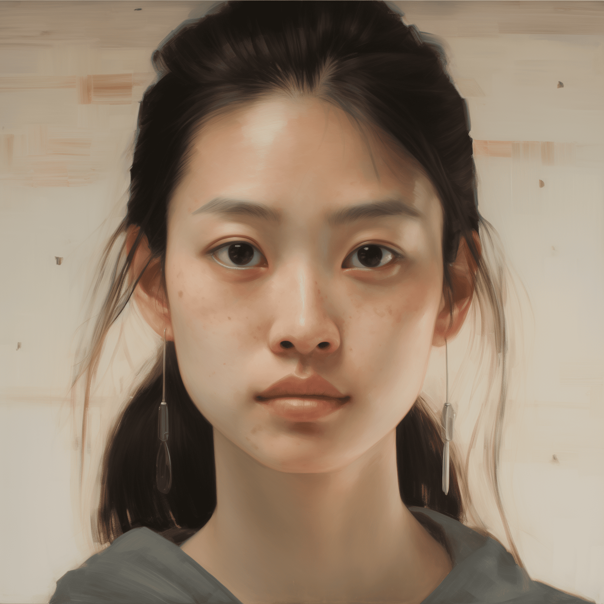 Oil painting of a doll face, close up portrait, by euan uglow and alex colville and hockney and ultra detailed --v 5. 2 --style raw