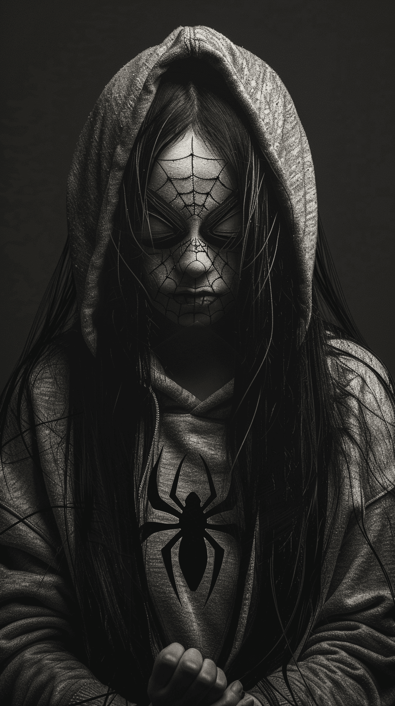 A female spider-man with long black hair wearing a grey sweater, hoodie and face paint holding two big webs in her hands, in the style of spider-man suit, dark background, hyper realistic photography. --ar 9:16 --v 6