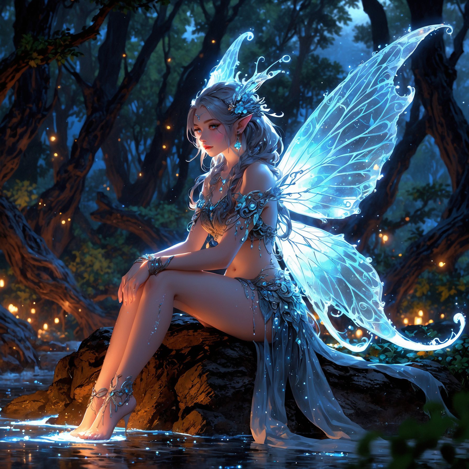 A mesmerizing creature from ancient folklore, this mythological bioluminescent being is depicted in an acrylic painting. Illuminated by a soft, otherworldly glow, its ethereal form shimmers with hues of opalescent greens and shimmering silvers. The intricate details of its ornate wings and delicate antennae are rendered with exquisite precision, highlighting the fantastical nature of the subject. This high-quality image captivates the viewer with its otherworldly beauty, inviting them to delve into the mystical realm of myth and legend.