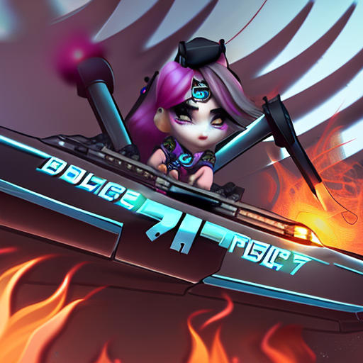 Jinx, on top of a police car, explosions behind her, fire, chaos, minigun, far view, bullet hell,