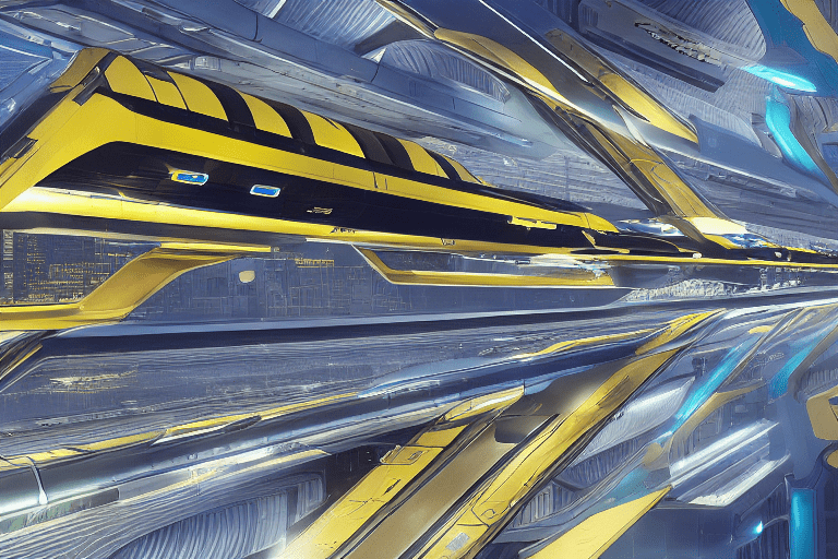 Shadowy sleek futuristic floating air bus over celestial harbor with spaceships and cosmic vessels dock in space speeding down the track emerging, metallic yellow and blue, on a racing track, with people loading and unloading goods, representing the fast-paced exchange of goods through space trade. Intricate station details, futuristic design, vibrant reflections, expansive universe,