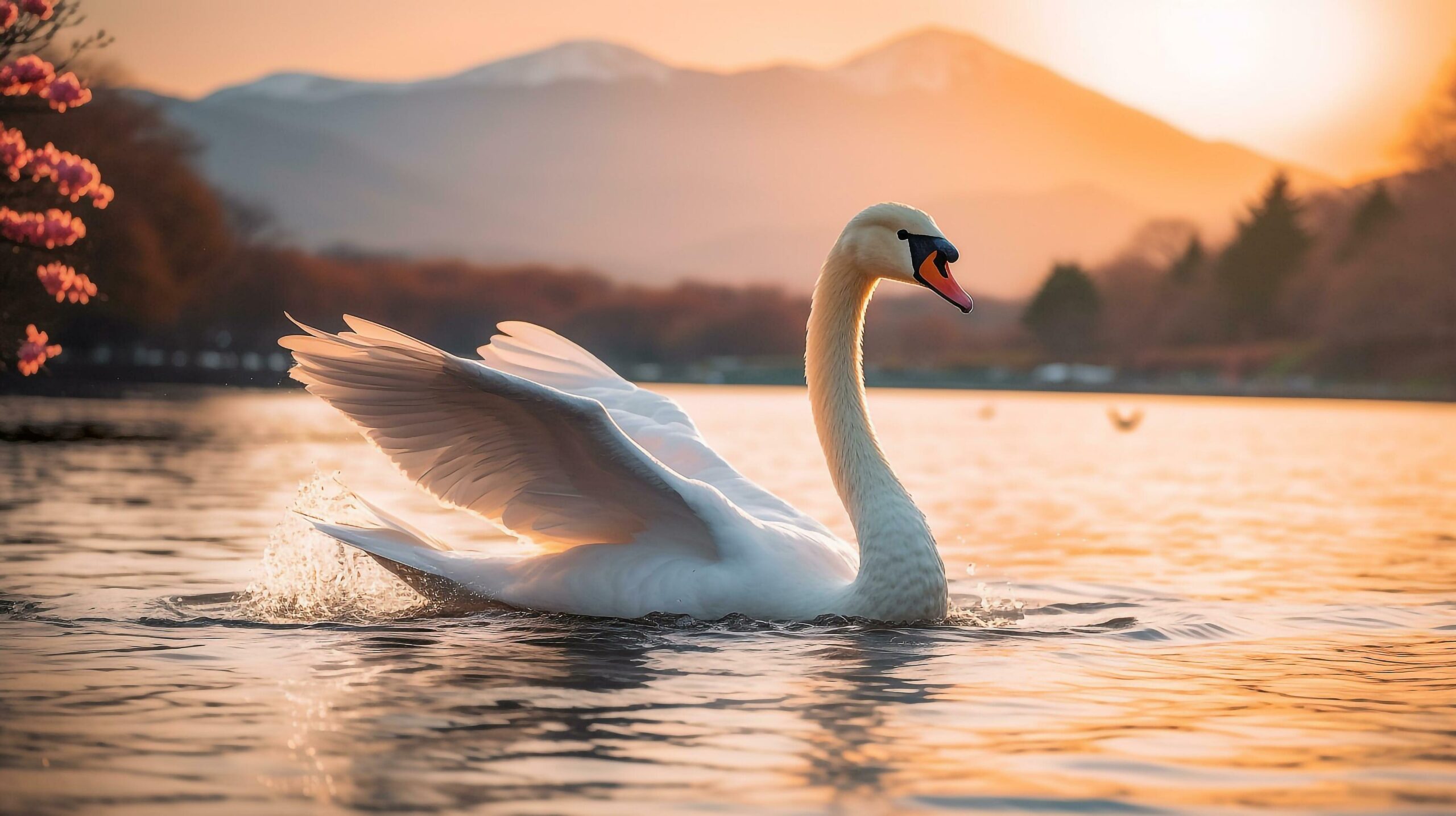 Swan-spreading-wings-in-the-river-with-fuji-mountain-background-generative-ai-free-photo