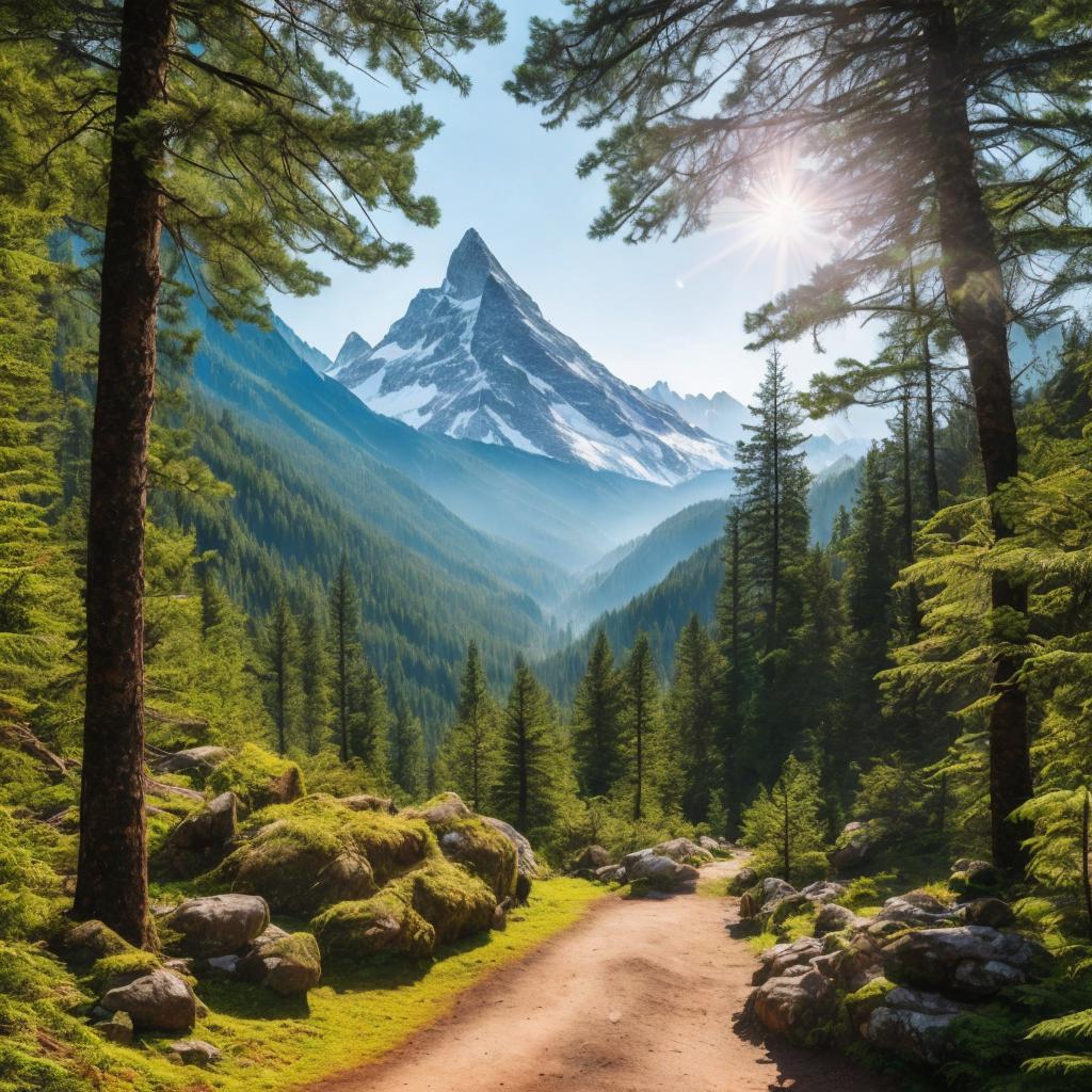 "enchanted forest, towering mountain, by @ai_generated