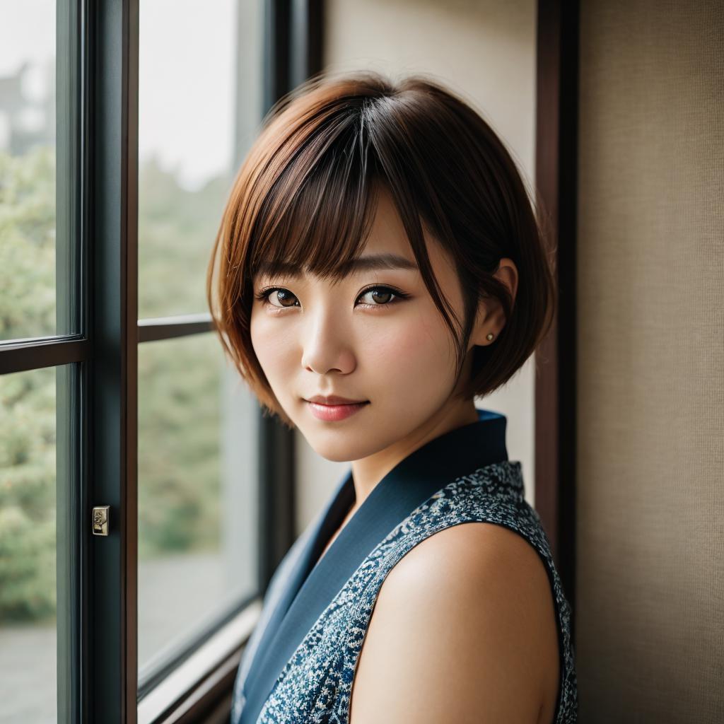 ショートカットの女性、カメラ目線、ナチュラル、窓辺、日本人　 portrait photography,realistic face,natural by @ai_generated