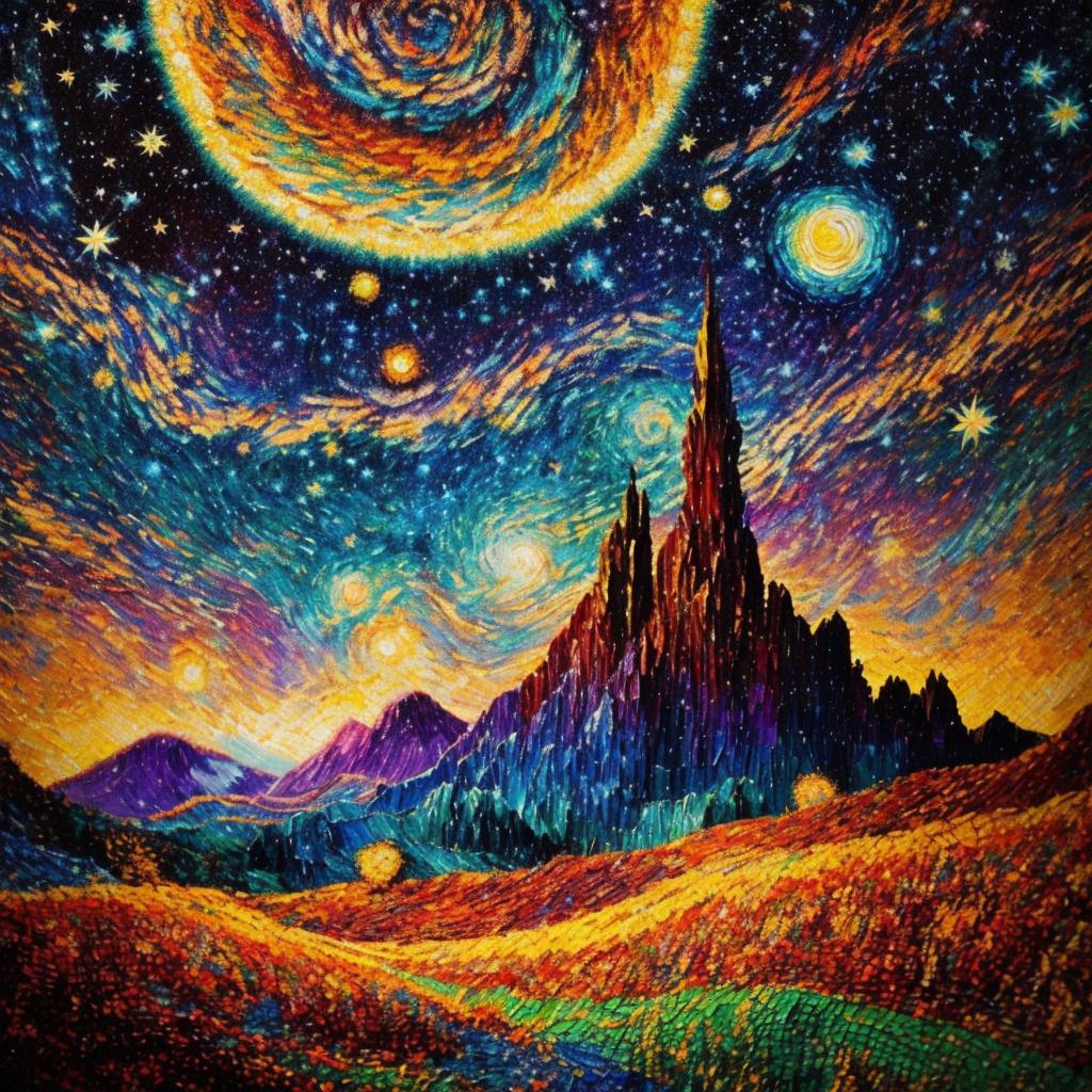 馬賽克帶著具有仙境般背景的抽象宇宙夢幻景色 impressionism,oil painting,van gogh by @ai_generated