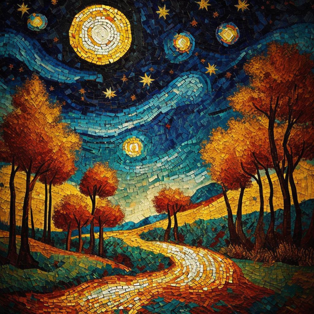 馬賽克帶著具有仙境般背景的抽象夢幻世界 impressionism,oil painting,van gogh by @ai_generated