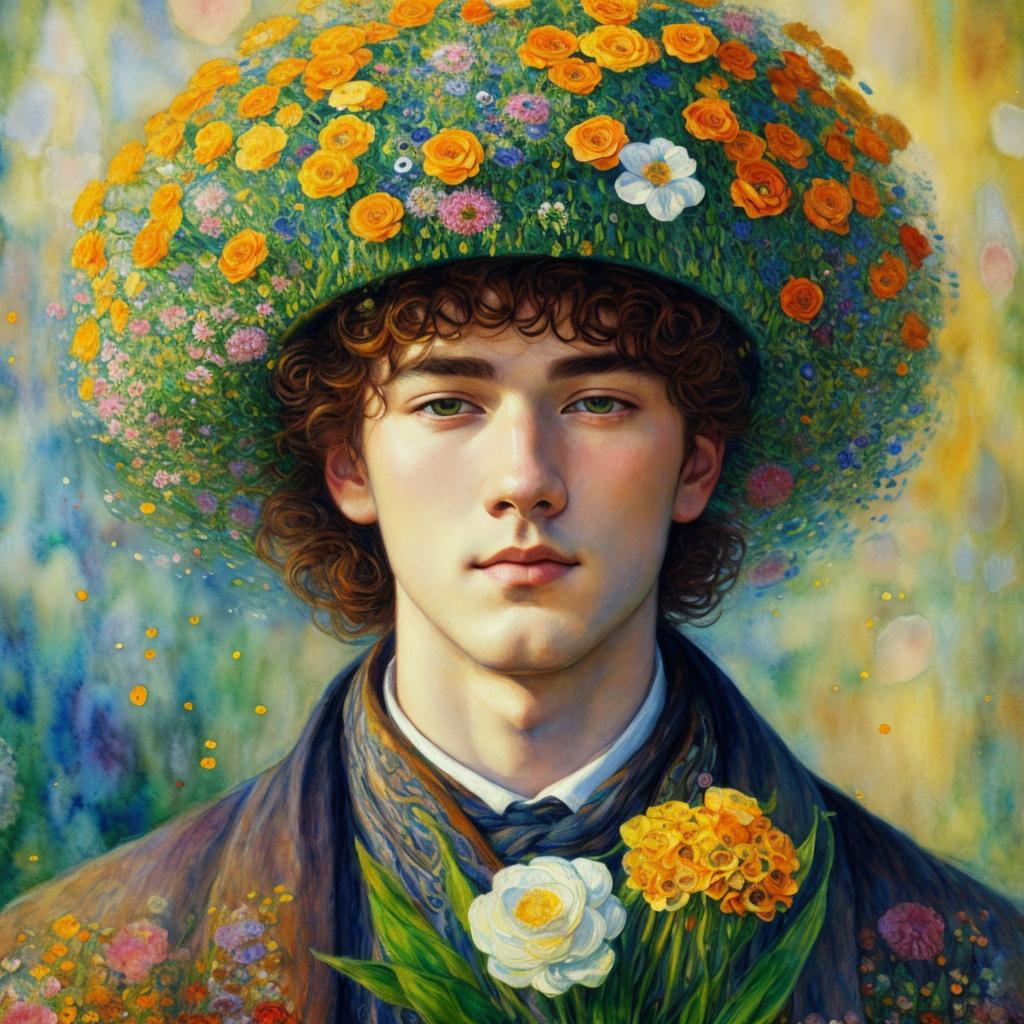 花　 若い男　クリムト hd,watercolor,transparent,trending on by @ai_generated