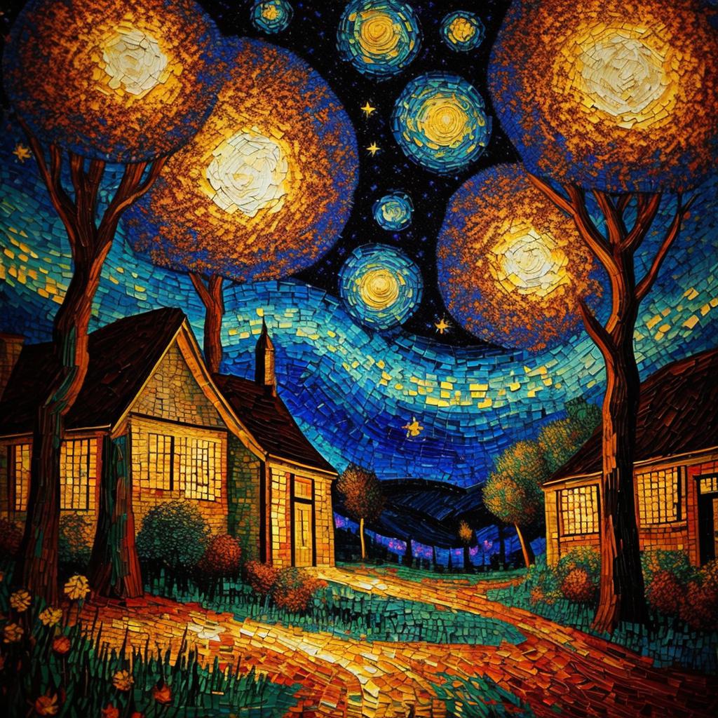馬賽克帶著具有仙境般背景的抽象夢幻世界夜景景色 impressionism,oil painting,van gogh by @ai_generated