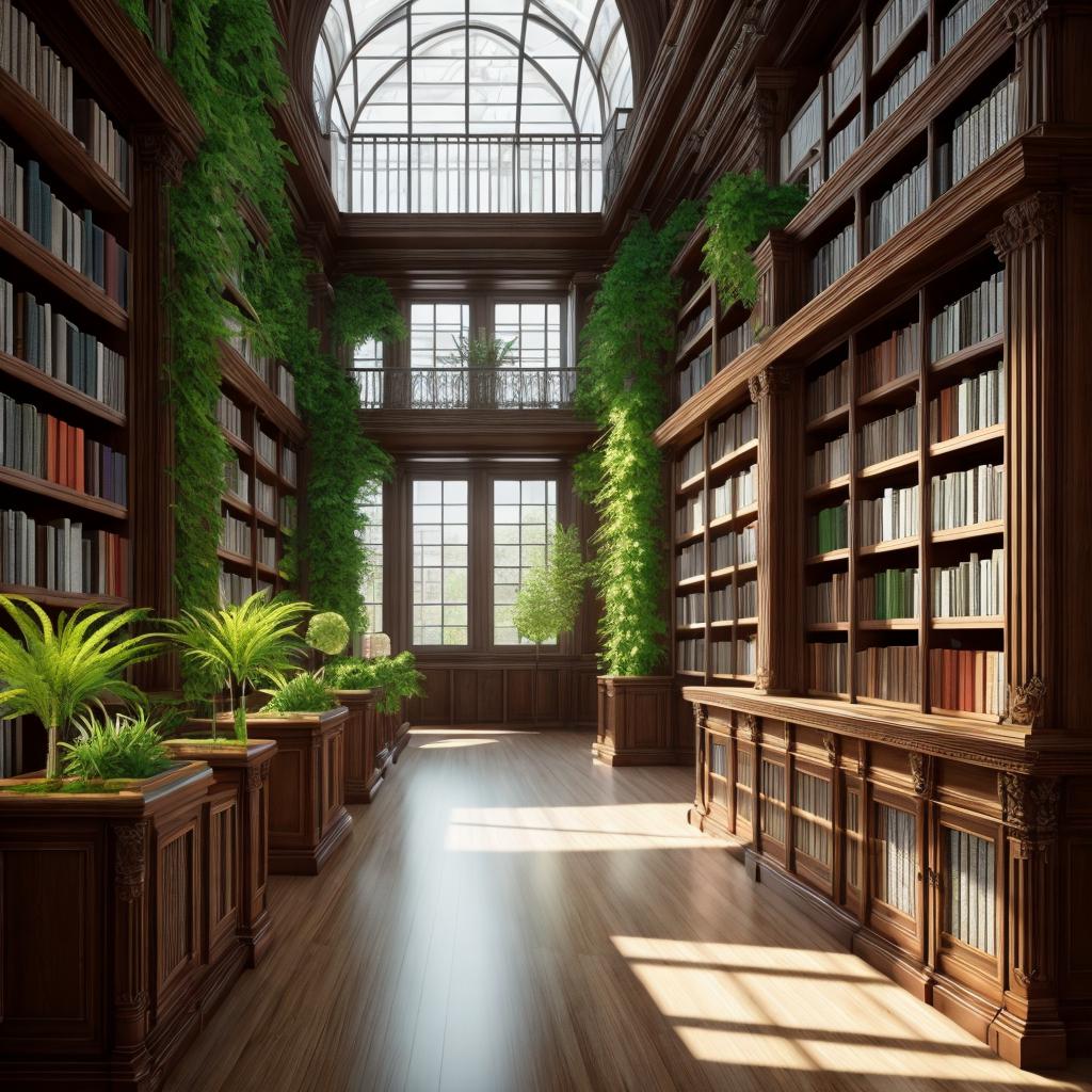 Plant filled library hyperrealism,high by @ai_generated