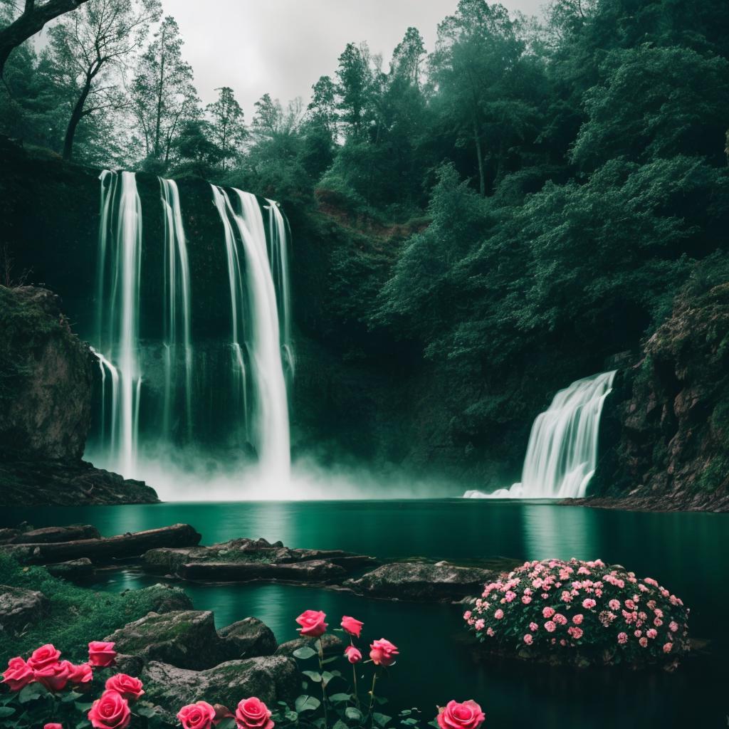 Green forest,peaceful lake,majestic waterfall,ancient by @ai_generated