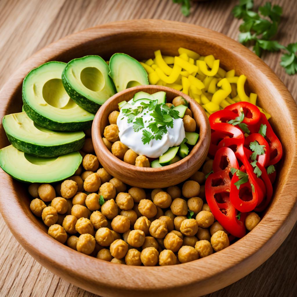 Bowl mit kichererbsen,gurken,avocado,rote paprika,fallafel by @ai_generated