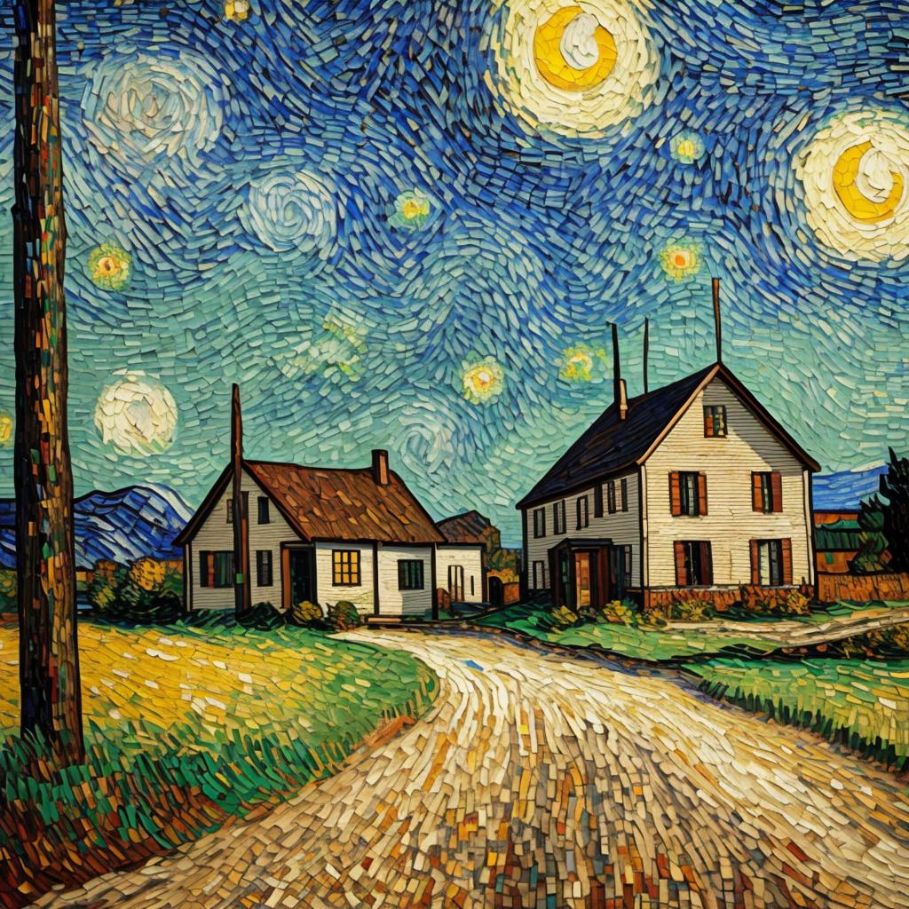 馬賽克近看鄉村房屋電線杆和馬路 impressionism,oil painting,van gogh by @ai_generated