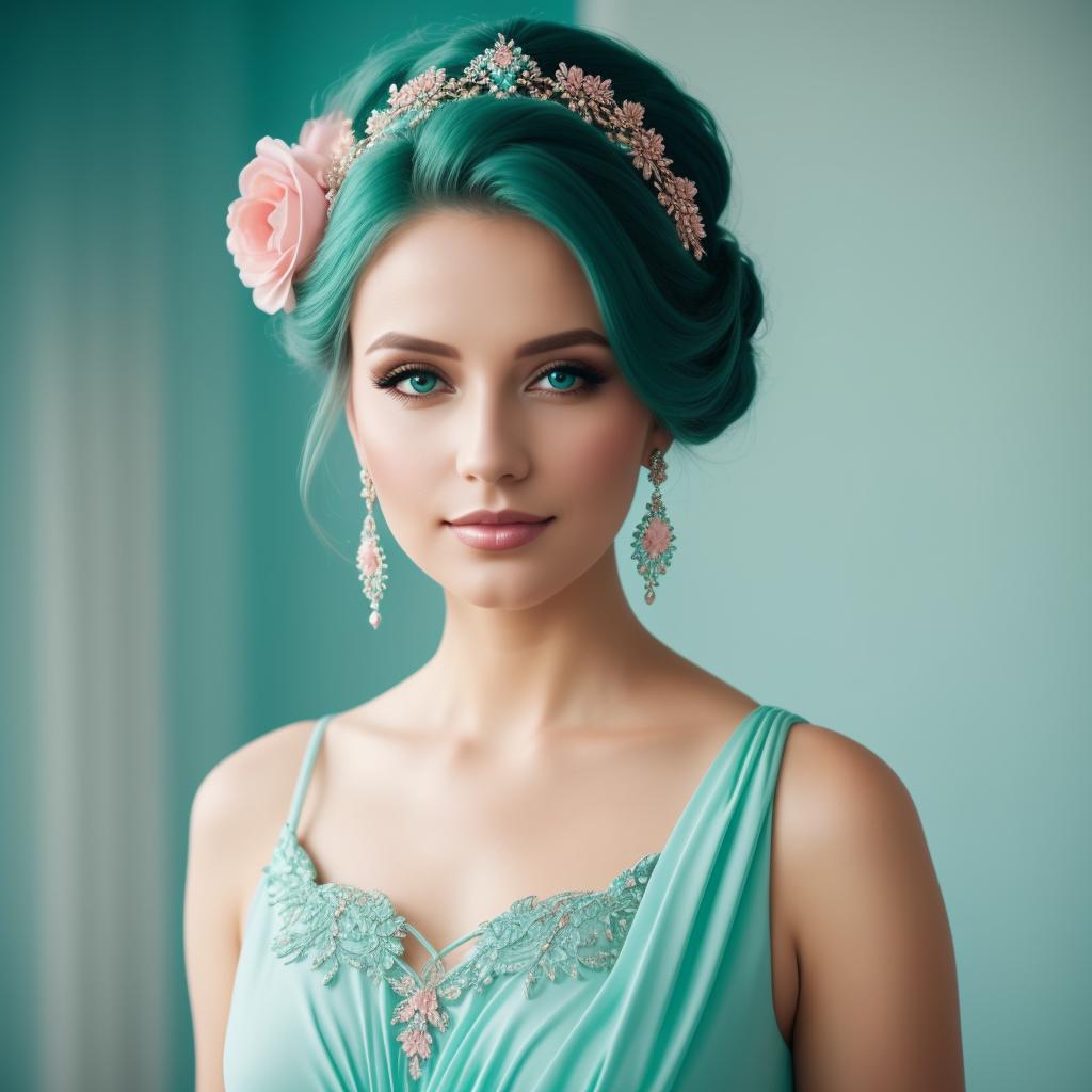 Beautiful woman,elegant,teal,pastel colors,magennta,fantasy,dreamy by by @ai_generated