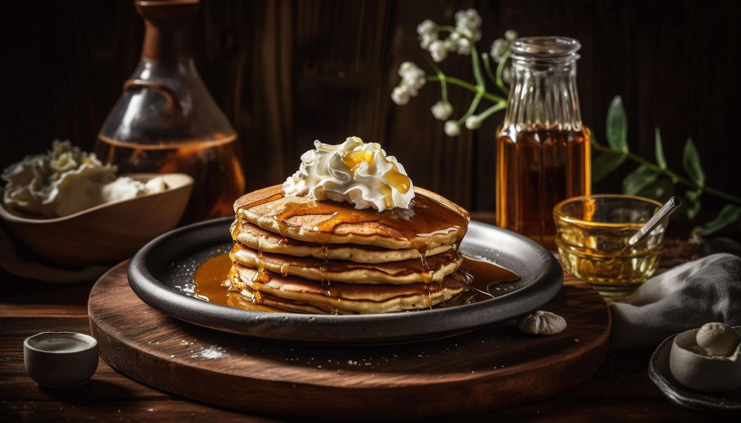 A-stack-of-homemade-pancakes-with-honey-and-fresh-fruit-generated-by-ai-free-photo