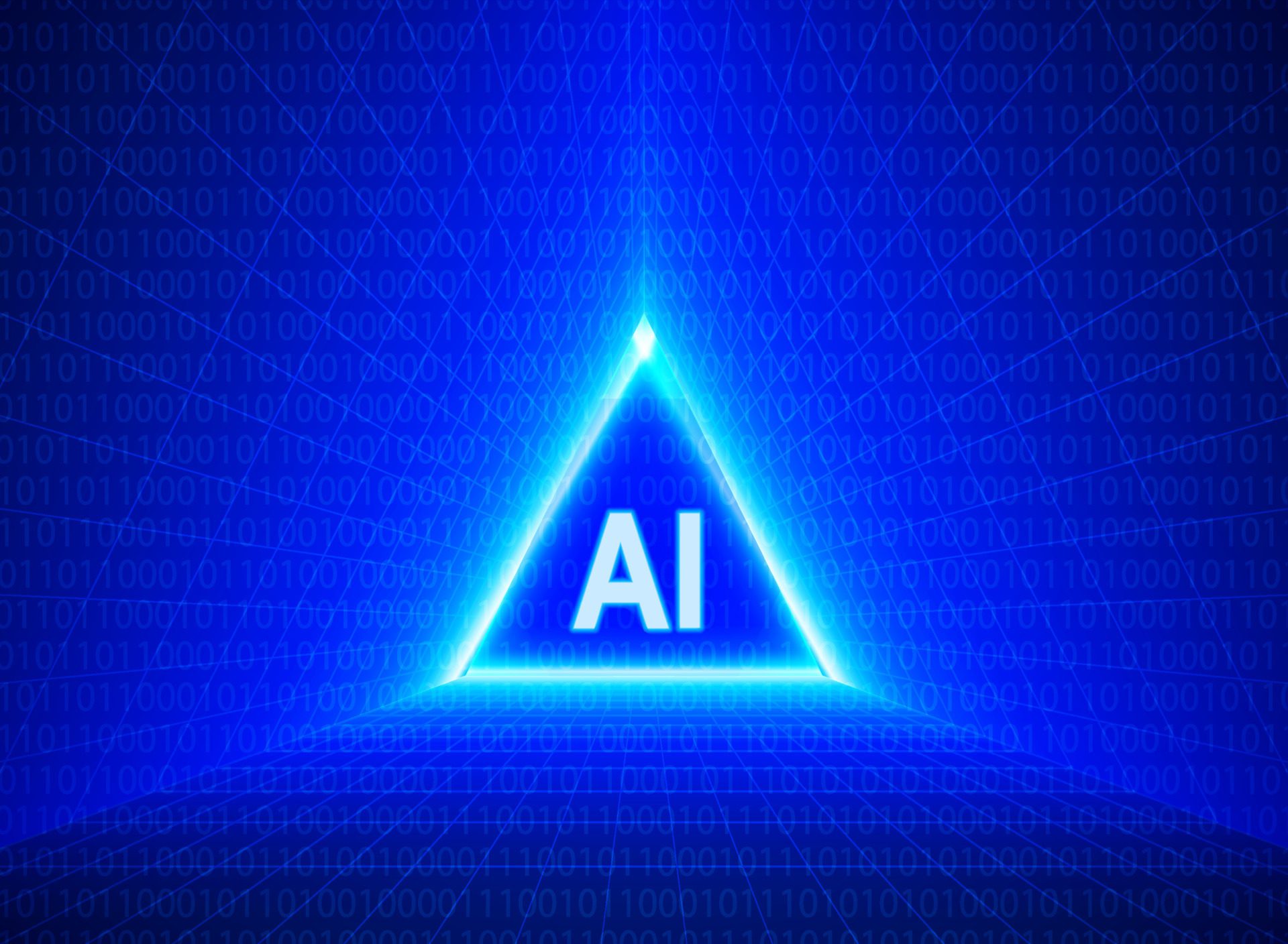 Ai-text-on-binary-code-and-triangle-matrix-neon-lines-background-artificial-intelligence-abstract-template-concept-of-technology-engineering-learning-business-and-science-illustration-free-vector