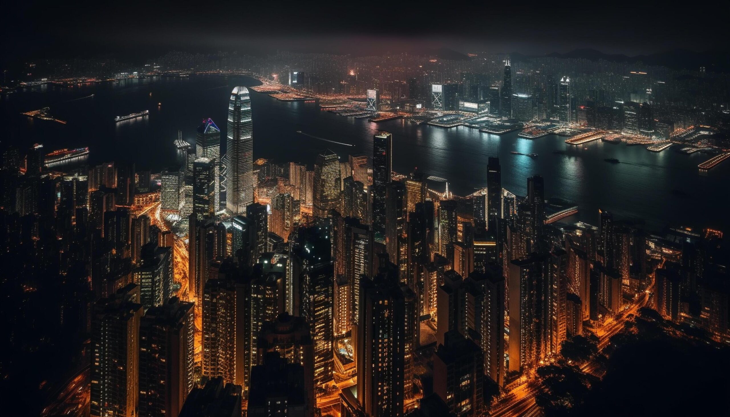 Illuminated-skyscrapers-reflect-on-crowded-waterfront-at-dusk-generated-by-ai-free-photo