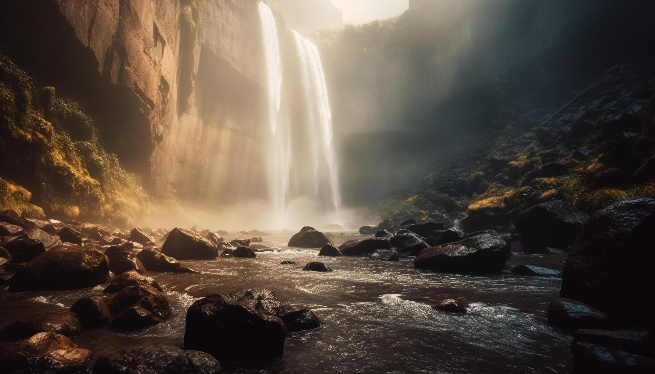 Majestic-mountain-cliff-flowing-water-tranquil-scene-generated-by-ai-free-photo