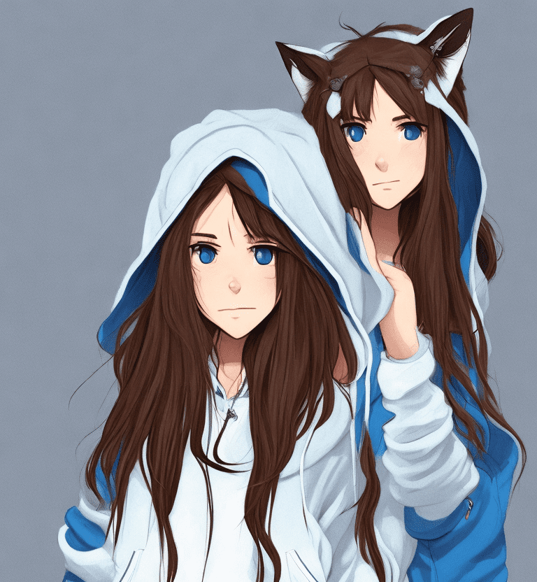 A shy girl with long brown hair, cat ears, and a tail, wearing a white hoodie and blue jeans, waves awkwardly. She has bright blue eyes and an expression of slight nervousness, with a small sweat drop next to her head. She stands casually with one hand in her pocket and is wearing black and white sneakers.