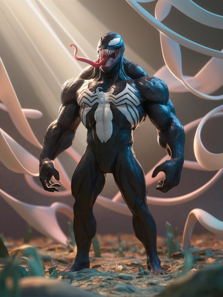 Marvel comics' venom, a 4k, 3d revelation, standing character basking in soft smooth lighting, a celestial embrace for its hyper-detailed form. Soft pastel colors, like whispered secrets, paint a tableau of venom's storytelling photo. In the whimsical essence of skottie young, this 3d blender render unravels venom's epic narrative, each detail an eloquent stroke in the cinematic tapestry. The polycount orchestrates a symphony of modular constructivism, a ballet of pop surrealism in a physically based rendering showcase. The result, a square image, a vibrant level, an epic and cinematic journey captured in venom's lifelike form.