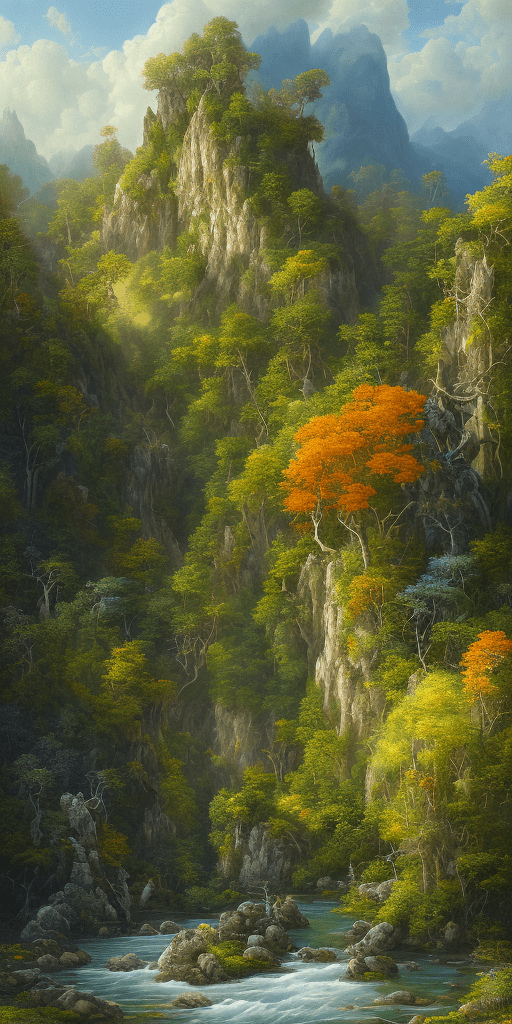 An endless mountain range on the background, covered full with lush green forests and life, blue sky with expressive but formless clouds and stars, a swirving river with clear water reaching out to the front of the scene, in the style of atmospheric paintings, the painting is colored in orange, black and yellow, in the style of complex compositions, dark white and light red, circular abstraction, dmitry spiros, industrial materials, with tones of gray, black, green dark indigo and light cyan, aquamarine blue and white, lovely mind-bending sculptures, realistic hyper-detail, in the style of complex compositions, dmitry spiros, balanced proportions, hard edge painting, fluid simplicity --ar 63:128 --stylize 750