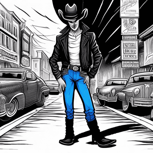 Line art in the style of vampire the masquerade of a male tzimisce vampire at night on a street in a small southern town wearing blue jeans a baseball cap and cowboy boots