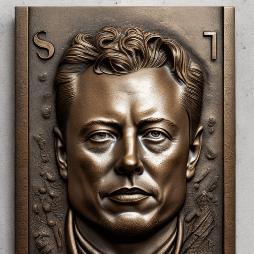 A striking, high-resolution image of an intricately detailed bronze bas-relief featuring elon musk's face. The oxidized patina gives the piece a vintage, industrial feel, and the texture is reminiscent of a weathered, ancient artifact. The background is a muted, earthy tone that highlights the subject. Beneath elon musk's portrait, a plaque bears the quote, "you get paid in direct proportion to the problems you solve. " the combination of portrait photography, sculpture, and typography creates a captivating and thought-provoking piece. , photo, typography, portrait photography