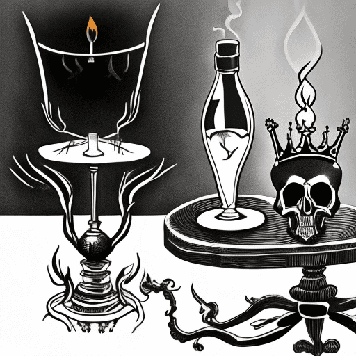 A minimalist black and white tattoo scene with an ornate table. On the table: a skull with a laurel crown, an elegant chandelier casting shadows, an open bottle of wine, and a half-full glass. Next to the table, a relaxed skeleton holding a lit cigarette with a light smoke trail. Simple, clean lines emphasize contrast, capturing themes of life, death, and fleeting pleasures.