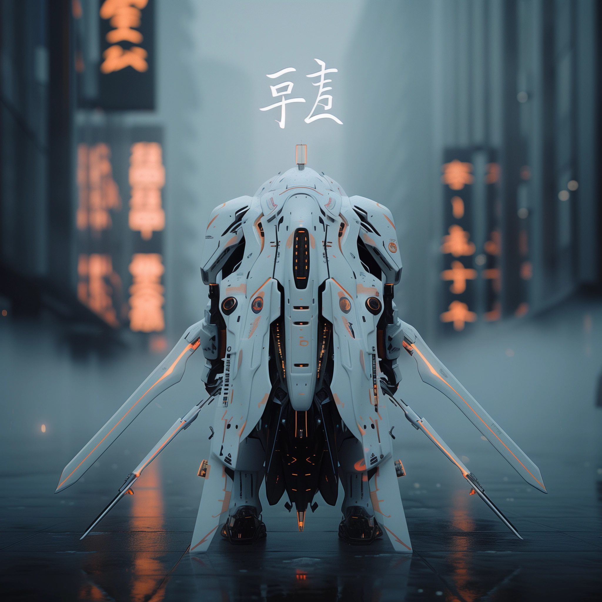 Gundam style anime mech, white and red color scheme with orange accents, high-tech design, long sword-like blades that have sharp bladed tips. The background is a dark grey with light smoke coming from the ground, with japanese text written in neon colors above it. Full body shot of the mech in the style of a gundam anime, 32k, highly detailed --personalize nwnd4j3 --stylize 600