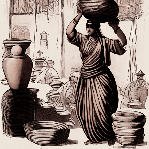 A captivating illustration of a woman from arab antiquity in a bustling market, skillfully balancing a large, heavy earthen jug on her head. She is dressed in flowing garments that cover her body, and her contemplative yet serene expression speaks volumes. The vibrant colors of the scene are masterfully blended, with warm oranges, blacks, and whites dominating the composition. The bold and expressive brushstrokes create a dynamic and emotive atmosphere. The background, composed of muted colors with hints of blues and yellows, provides a stunning contrast to the figure's vivid hues. The painting is completed with the artist's signature text, "amr, " in the bottom left corner. , painting, illustration