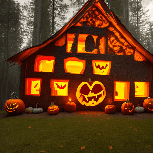 Halloween cabin in the woods from a person's perspective arriving at the premise. There is a main building and a shack. Halloween pumpkin lanterns (jack-o lanterns) are placed before the shack. There should be 3 types of pumpkin lanterns: with smiley face, with angry face, and with sad face. There should be 3, 5, and 2 of them respectively