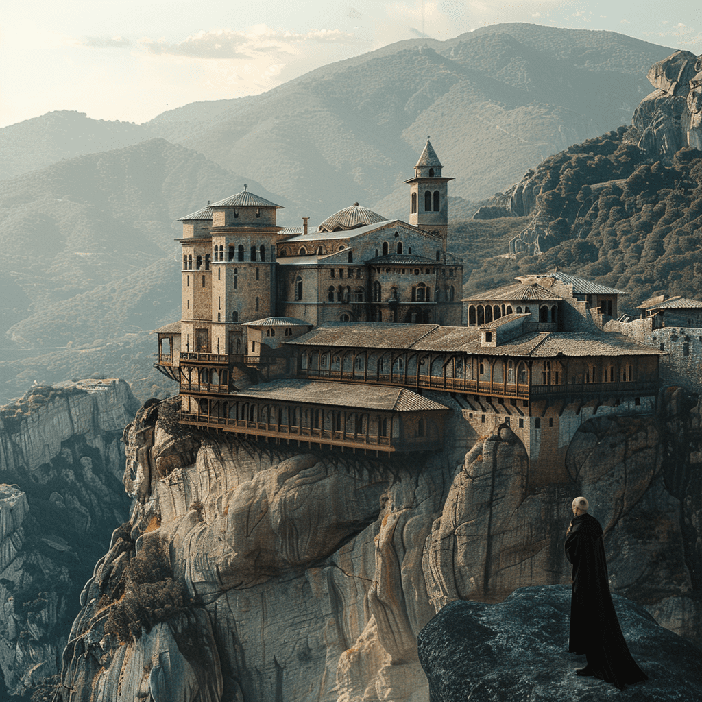 Raw photo of a mount athos greek monastery on the cliff, , highly detailed, photorealistic, ultra-realistic photo, 8k, uhd, dlsr, natural lighting, high quality, film grain, fujifilm xt3, (masterpiece, panoramic) , a italian catholic monk thiking and looking hill at the horizon