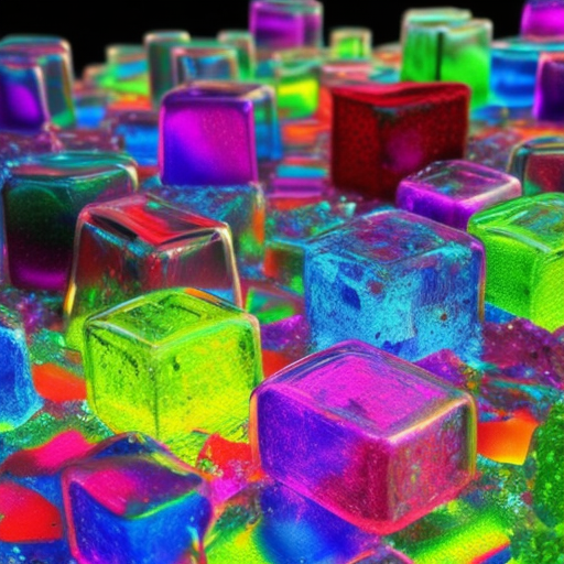 Transparent, colorful ice cubes with a holographic effect, creating a magical and vibrant look.