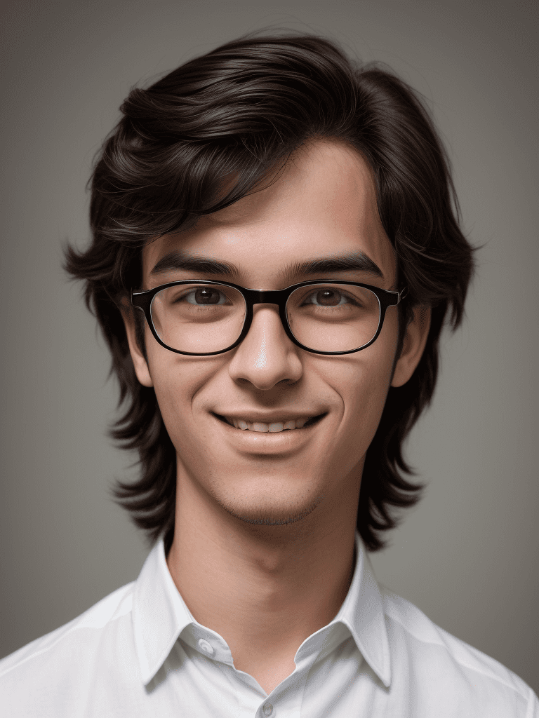 Craft a high-resolution portrait of a young adult male exuding a subtle yet unmistakable confidence. Highlight his dark, neatly groomed hair and the modern, full-rimmed glasses that frame his insightful eyes. His smile should be modest yet meaningful, portraying a sense of satisfaction and an affable character. The eyes, a key feature, should be depicted as clear and perceptive, reflecting a bright intellect and a friendly disposition. The portrait should detail a well-defined facial structure with a smooth complexion, illuminated by soft lighting to accentuate a gentle yet confident jawline. While his attire is not the focus, ensure that it complements his stylish and approachable appearance without drawing attention away from the face. The background should be a soft blur to keep the primary focus on his personable and charismatic facial expression, ensuring clarity and precision in every aspect of his visage, from the subtle arch of the eyebrows to the natural tone of the skin