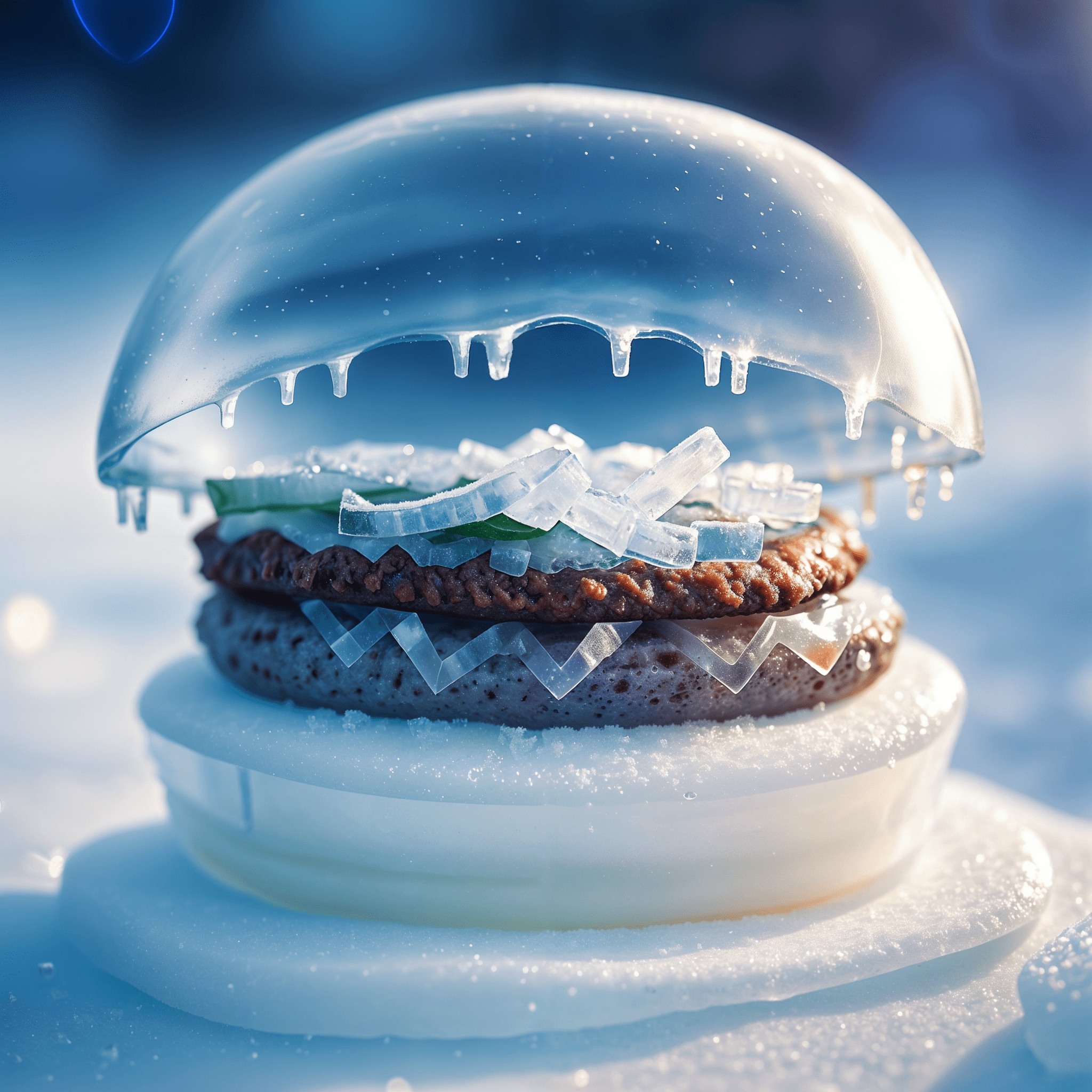 Hdr film still lifelike textures, closeup see-through ice figure of hamburger made from ice, dreamy bokeh, a made of frost and ice, covered in snow, ice figure, depth of field dreamy bokeh, tone mapping, a colorized closeup bokeh depth of field photo, renaissance