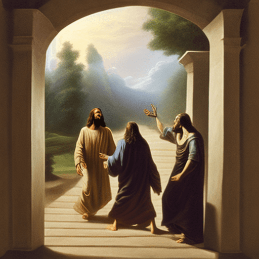 Jesus taking someone by his hand and walking towards the gates of heaven.