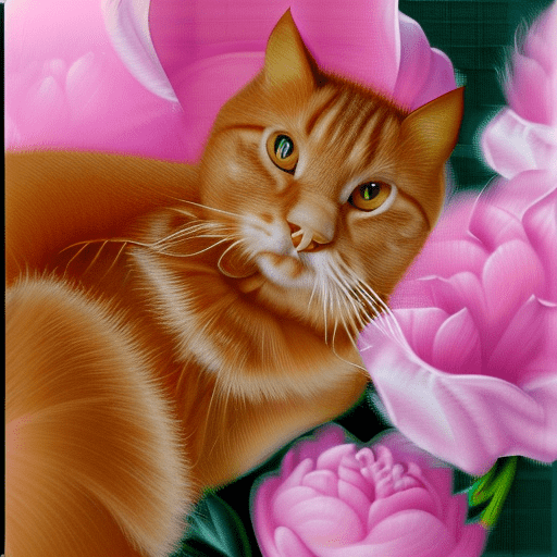 Photorealism, realistic, red fluffy cat, lying on his back around peonies, the cat's sly look, pixel elaboration, high detail, many details, tenderness, realistic, high quality, work of art, glitter, hyper-detailed, professional, filigree, mystical , foggy haze, hyperrealism, professionally intricate details, transparent, delicate pastel colors, backlit,