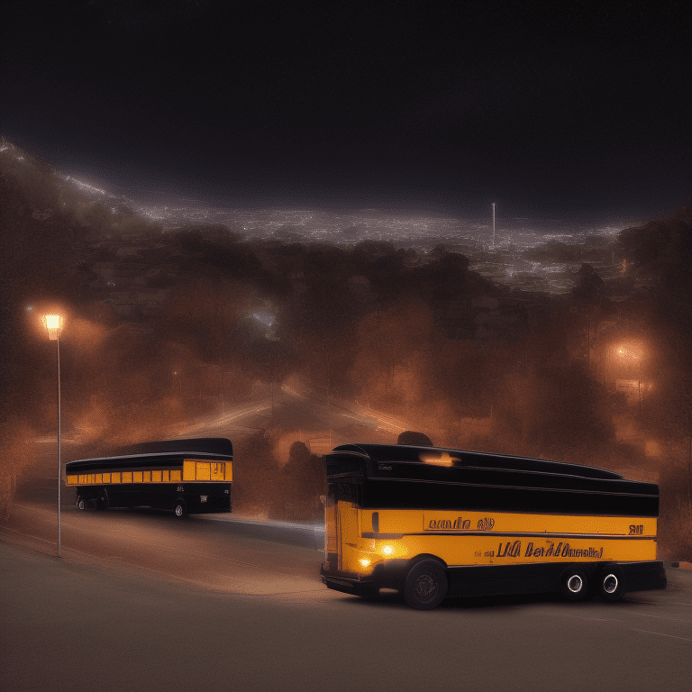 Big glossy black school bus on a hill, glowing lights in the middle of the night, very detailed, lit street, streets lights