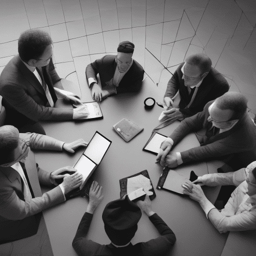 Top angle of a group of rabbis huddled around a laptop, working on ai projects. 4k award winning photography, black and white, dramatic light, pale sunrise, cinematic lighting, battered, low angle, trending on artstation, 4k, hyper realistic, focused, extreme details, unreal engine 5, cinematic, masterpiece, art by studio ghibli, intricate artwork by john william turner