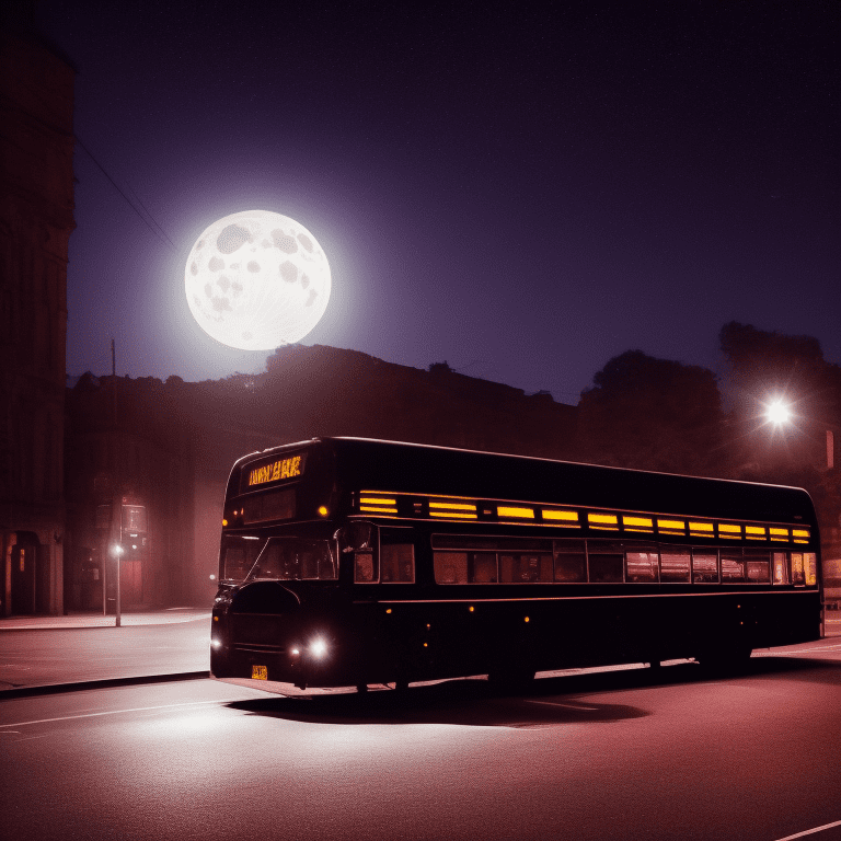 Dark bus in the middle of the night, moonlight, lit street