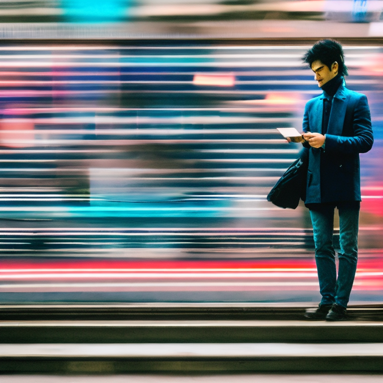 Photography, front view, full-body shot, artistic image capturing the essence of urban hustle with a single focused professional asian male model figure standing still and looking at smartphone, massive london subway, dismal concept, surrounded by a blurred motion of blue and crimson multiple asian people walking past model, creating a fast of movement, lighting effects from various directions, long-range angle, gaze, model wearing creative black suit and white shirt, conceptual, the main subject is sharply in focus, digital life concept, glow blue and violet light, background should be a plain wall with a subtle texture to keep the attention on the motion effect, hyper-sensory picture, essential, dramatic lights effect, photo realistic, uhd