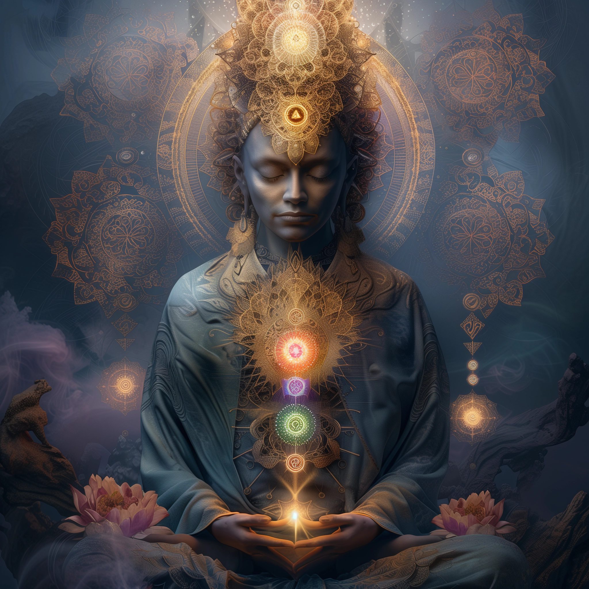 A meditating figure with chakra symbols radiating from the heart, set against an abstract background of swirling patterns and vibrant colors. The watercolor painting uses deep blue hues with accents in reds or oranges to represent energy. The figure has a serene expression on its face and is in a lotus position posture. It is surrounded by ethereal light rays or sacred geometry designs, with a subtle aura around it symbolizing spiritual awakening, 32k, edge processing --personalize nwnd4j3 --stylize 600
