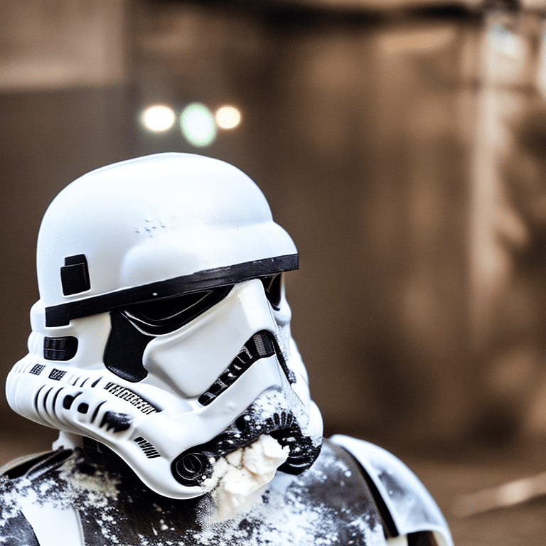 Close-up of a stormtrooper from the movie "star wars" cyberpunk style weared in streetwear clothes grafity, covered with white flour, flour around, packing flour into bags