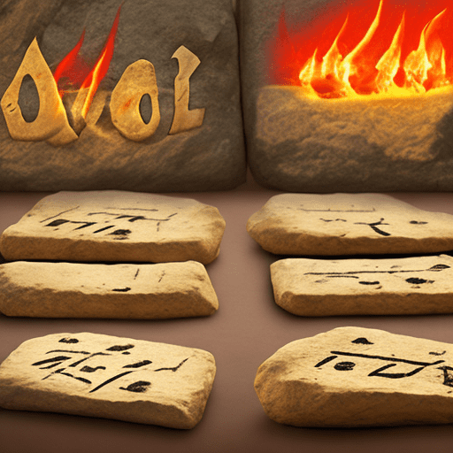 Two tablets of stone with paleo hebrew 10 c0mmandments written on them with flames coming from the inscriptions. The background is a night scene of jebel al lawz