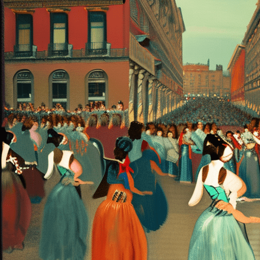 A colorful and festive scene of a cultural celebration in barcelona, blending the styles of hermen anglada-camarasa and ramon casas. The scene includes traditional costumes, music, and dancing, with the backdrop of barcelona’s iconic streets. Use anglada-camarasa’s expressive colors and casas’ atmospheric details to highlight the joy and vibrancy of the celebration