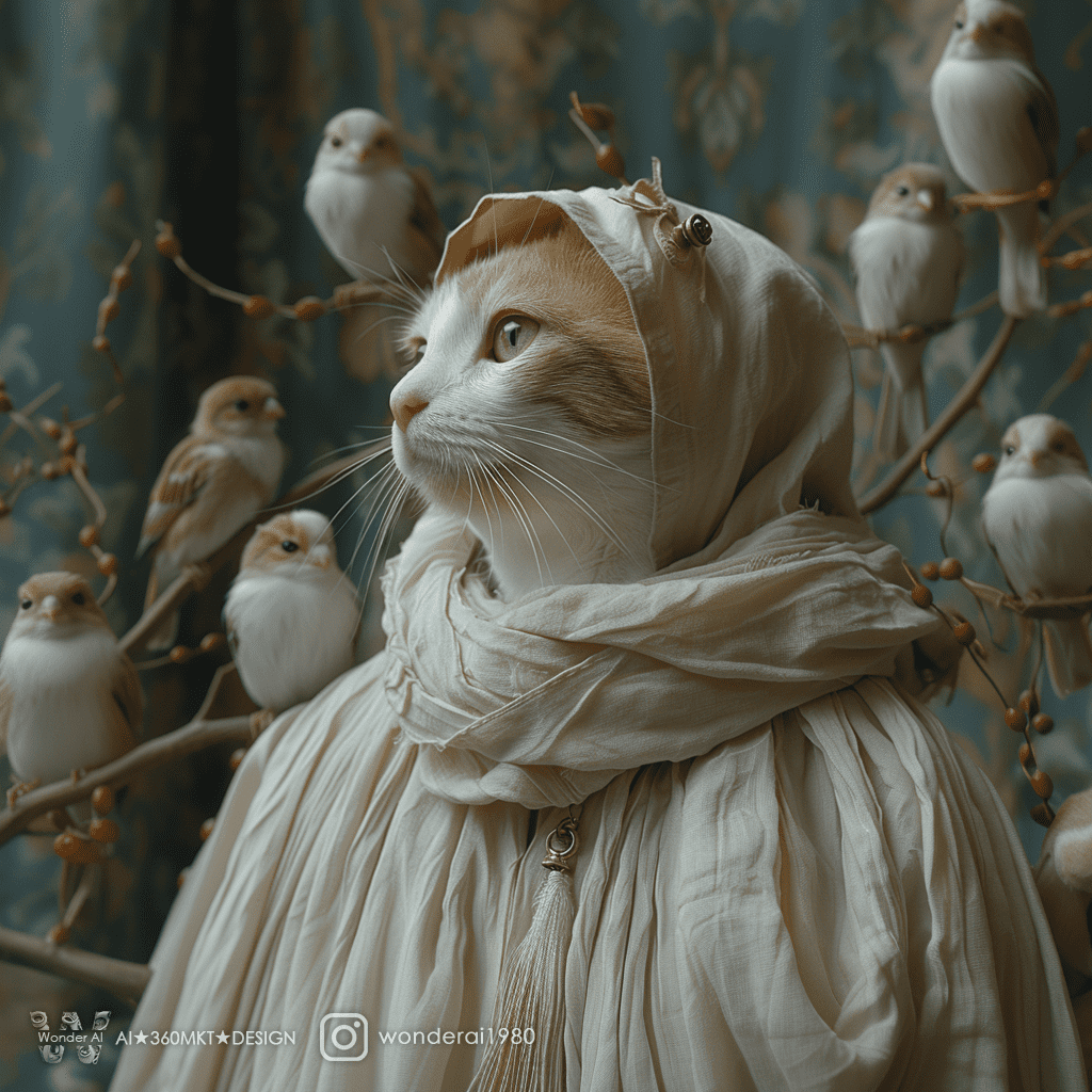 Multiple sparrow around an anthropomorphic cute cat wearing white wizard robe, in the style of ethereal beauty, porcelain, dark white and light azure, clifford coffin, northern renaissance, white, wiccan
