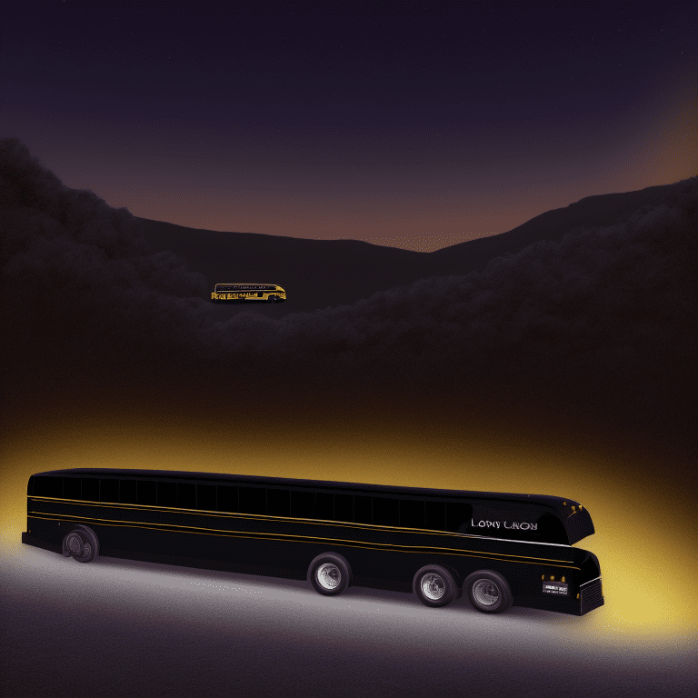Big glossy black school bus on a hill, glowing lights, in the middle of the night, very detailed