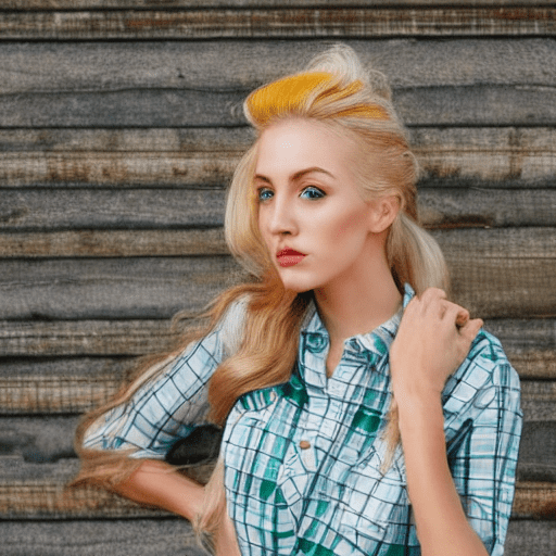 A half body photo of a beautiful blonde scottish girl, green eyes, messy beehive hair style, natural skin complexion, slim with curves, tartan shirt, outdoor background, soft lighting, captured by {randomly selected} photographer. This image looks glamorous and elegant in style and outdoor background that was recognized as a contest winner. It has been featured on cg society. Cinematic